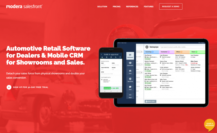 modera automotive crm software salesfront preview